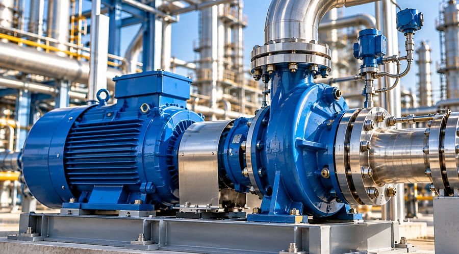 Blue centrifugal pump and electric motor on a steel skid
