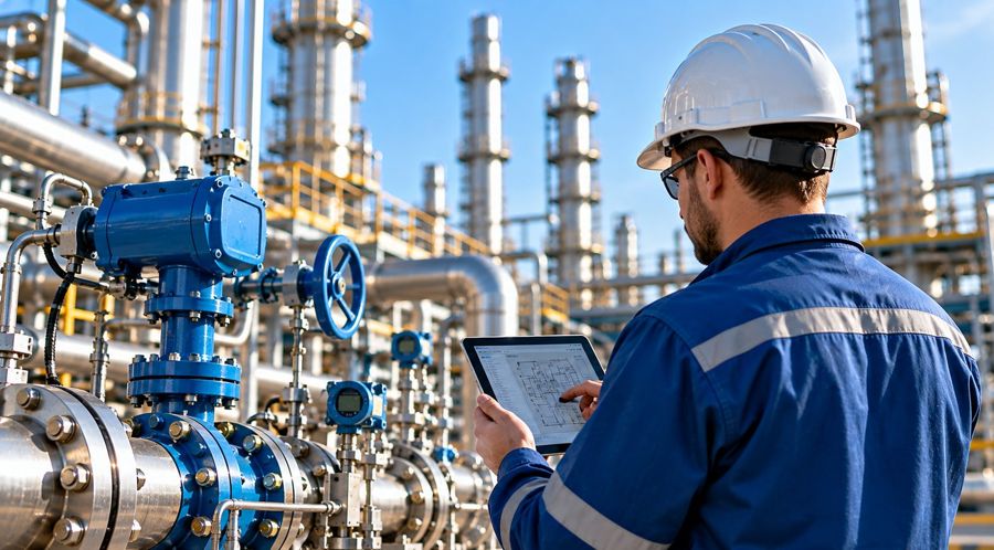 Engineer reviewing technical drawings on a tablet beside process equipment