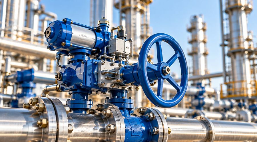 Blue actuated control valve with handwheel on a process pipeline